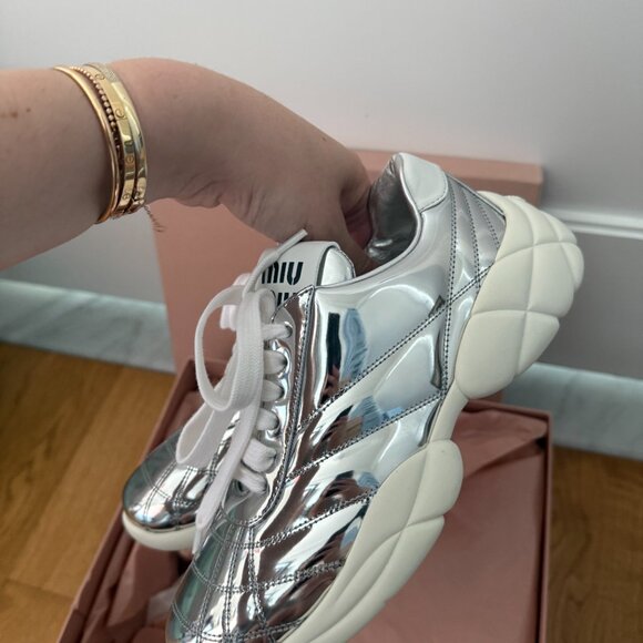 NWT Miu Miu Low Top Sneakers Metallic Silver Chunky Rubber Sole Stitching - Picture 8 of 11